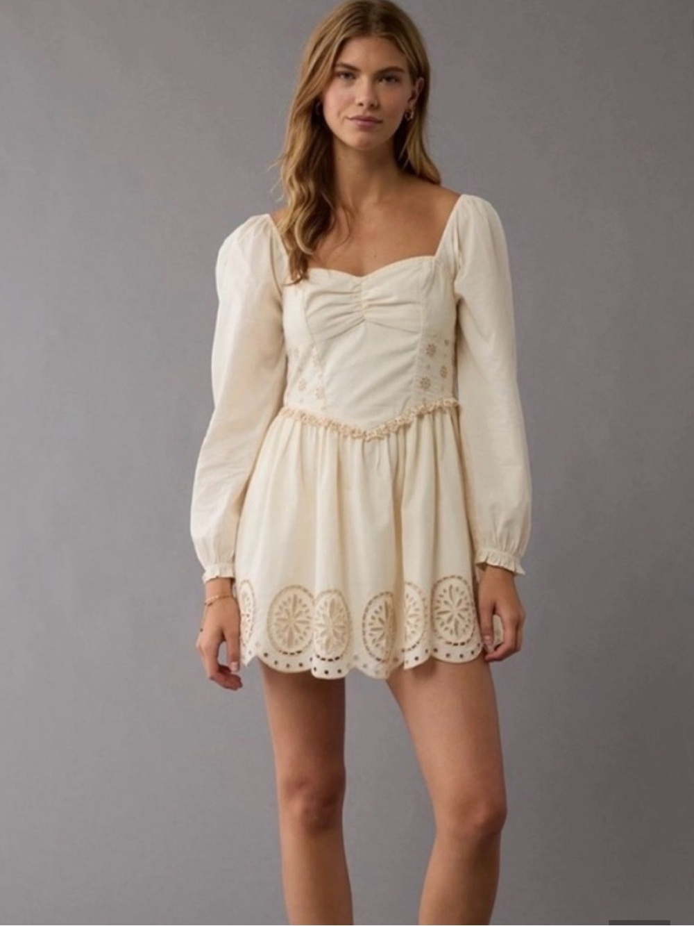 American Eagle Ivory Embroidered Peasant Mini Dress Medium